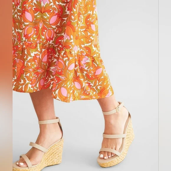 NWT Willow Root Floral Orange Midi Cutout Dress Size Large 9/10 - Picture 14 of 16